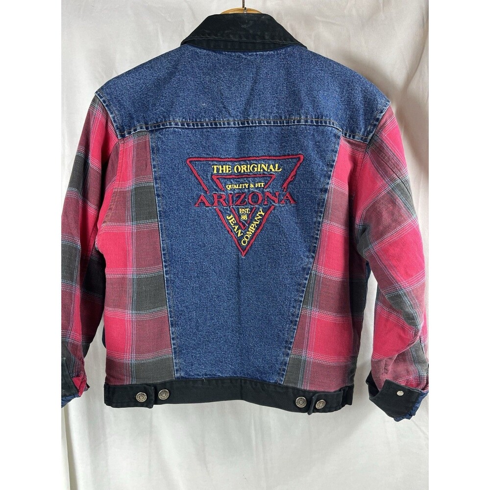 Vtg 90s Grunge Arizona Denim Jacket Pink Plaid Embroidered Logo Women XS S